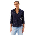 Front view of Karen Kane Women’s Embroidered Ruched Sleeve Shirt in Navy