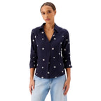 Front view of Karen Kane Women’s Embroidered Ruched Sleeve Shirt in Navy