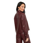 Karen Kane Women's Faux Leather Long Sleeve Button-Up Shirt in Wine back view