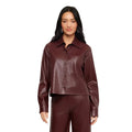 Karen Kane Women's Faux Leather Long Sleeve Button-Up Shirt in Wine front view