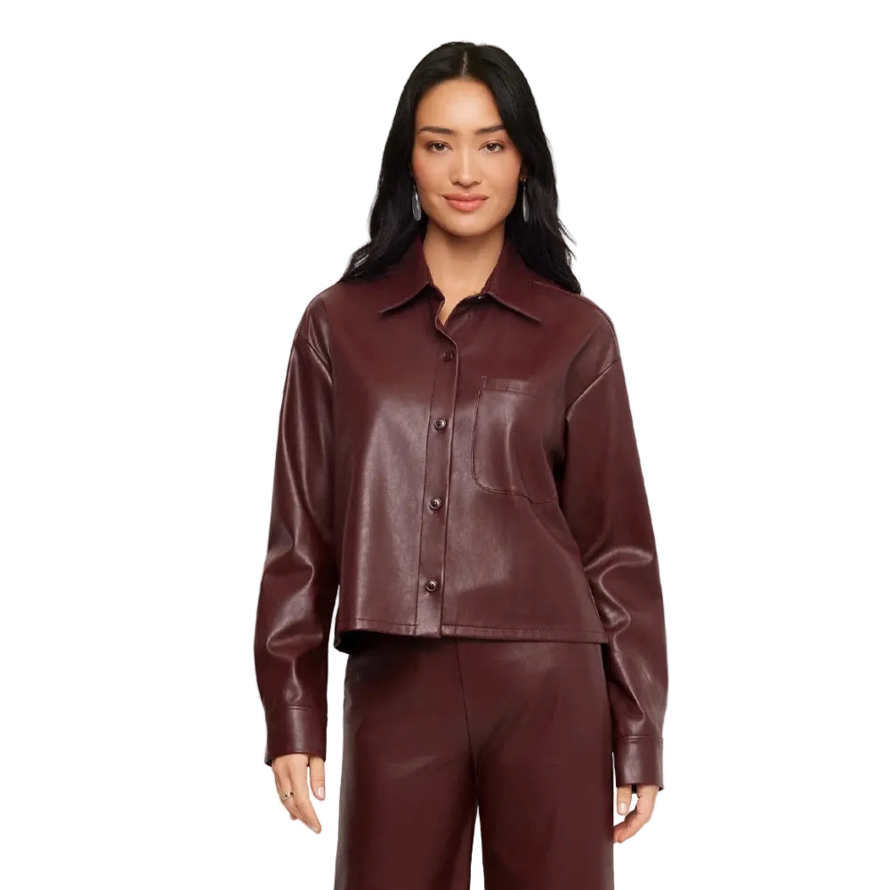 Karen Kane Women's Faux Leather Long Sleeve Button-Up Shirt in Wine front view