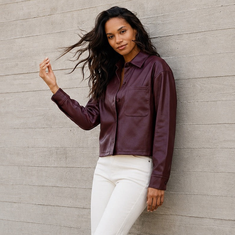 Karen Kane Women's Faux Leather Long Sleeve Button-Up Shirt in Wine lifestyle view