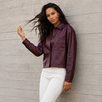 Karen Kane Women's Faux Leather Long Sleeve Button-Up Shirt in Wine lifestyle view