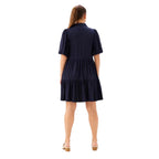 Back view of Karen Kane Women’s Puff Sleeve Tiered Shirtdress in Navy