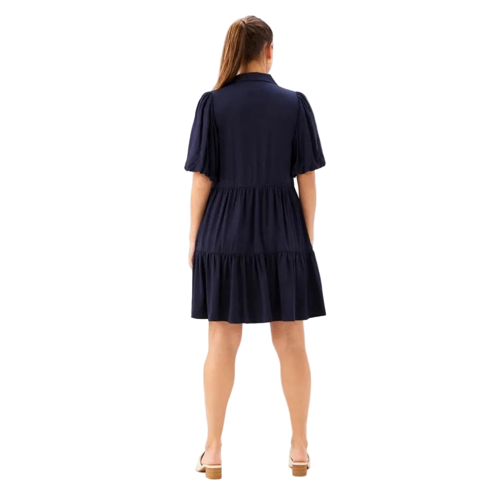 Back view of Karen Kane Women’s Puff Sleeve Tiered Shirtdress in Navy
