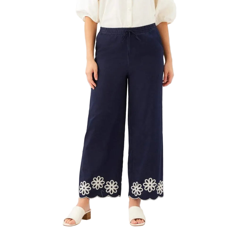 Front view of Karen Kane Women’s Scallop Drawstring Pants in Navy