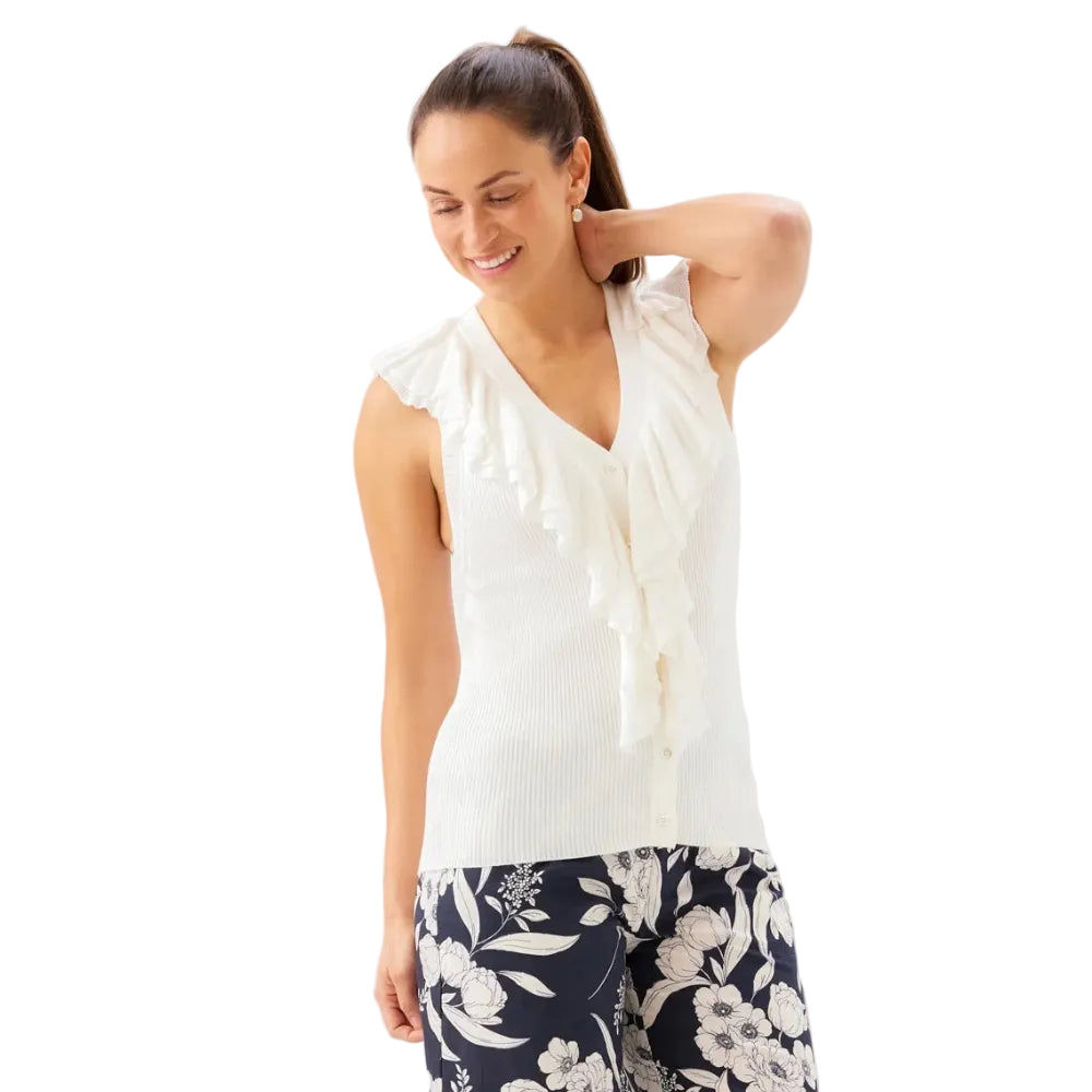 Karen Kane women’s Sleeveless Ruffle V-Neck Sweater in Off White front view