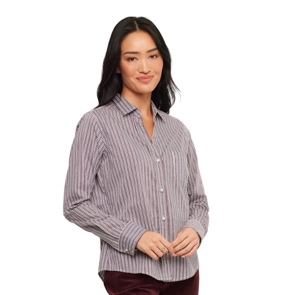 Karen Kane Women's Stripe Long Sleeve Single Pocket Button-Up Shirt in Wine front view