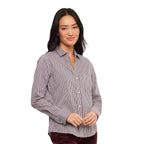 Karen Kane Women's Stripe Long Sleeve Single Pocket Button-Up Shirt in Wine front view