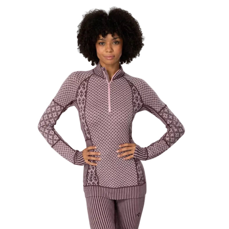Women's Kari Traa Smekker Half Zip Merino Base Layer in Cocoa Powder shown on model