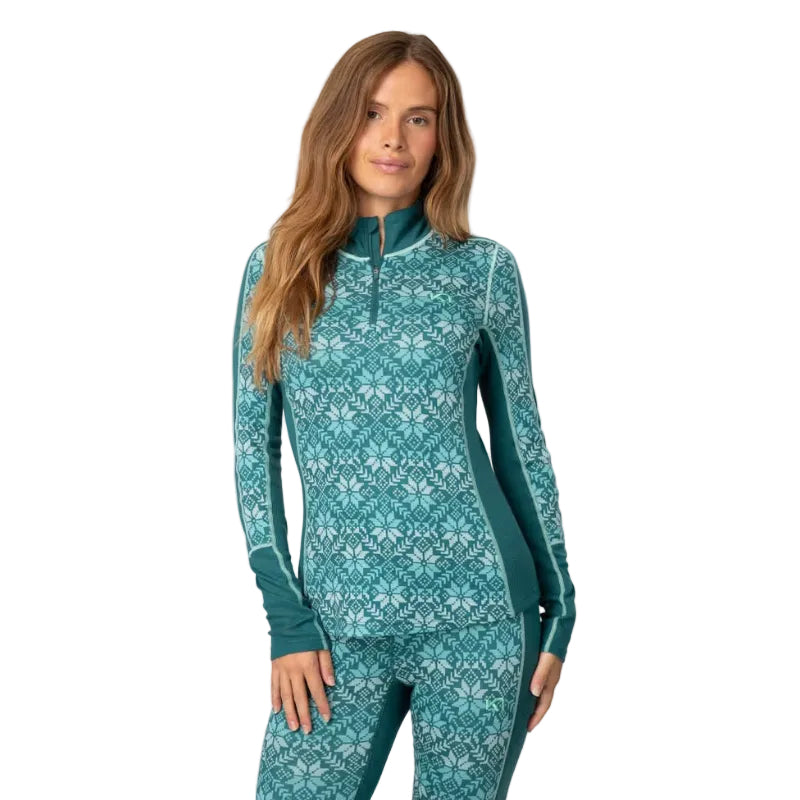 Kari Traa Women’s Anna Half Zip in Peacock front view with Nordic snowflake pattern
