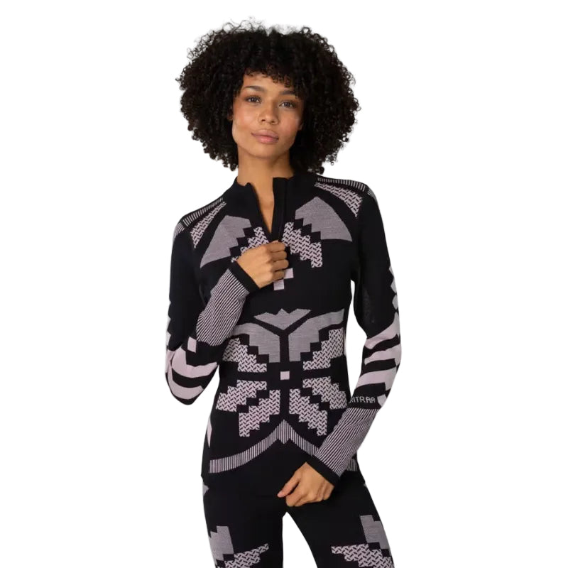 Kari Traa Women’s Faith Half Zip in Black front view with oversized Rose pattern and body-mapped knit construction