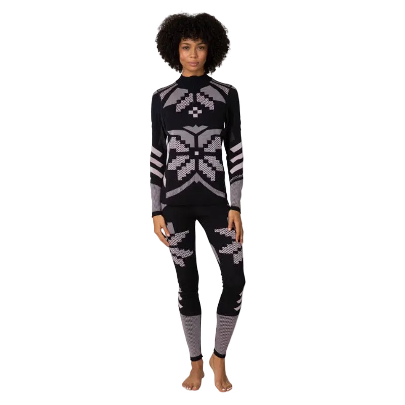 Kari Traa Women’s Faith Half Zip in Black full front view with oversized Rose pattern and body-mapped knit construction