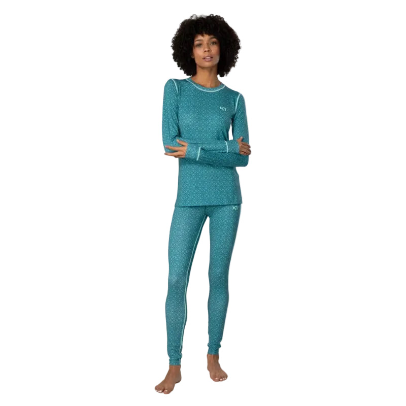 Kari Traa Women’s Fryd High Waist Base Layer Pants in Peacock front view with allover print and high waistband