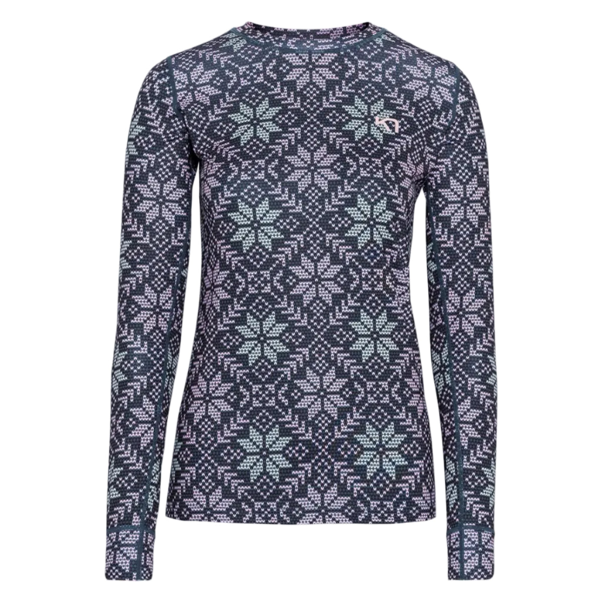 Kari Traa Women’s Fryd Long Sleeve Base Layer in Dark Steel front view with allover print and crew neckline