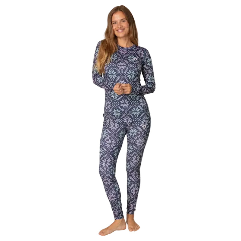 Kari Traa Women’s Fryd Long Sleeve Base Layer in Dark Steel full front view with allover print and crew neckline