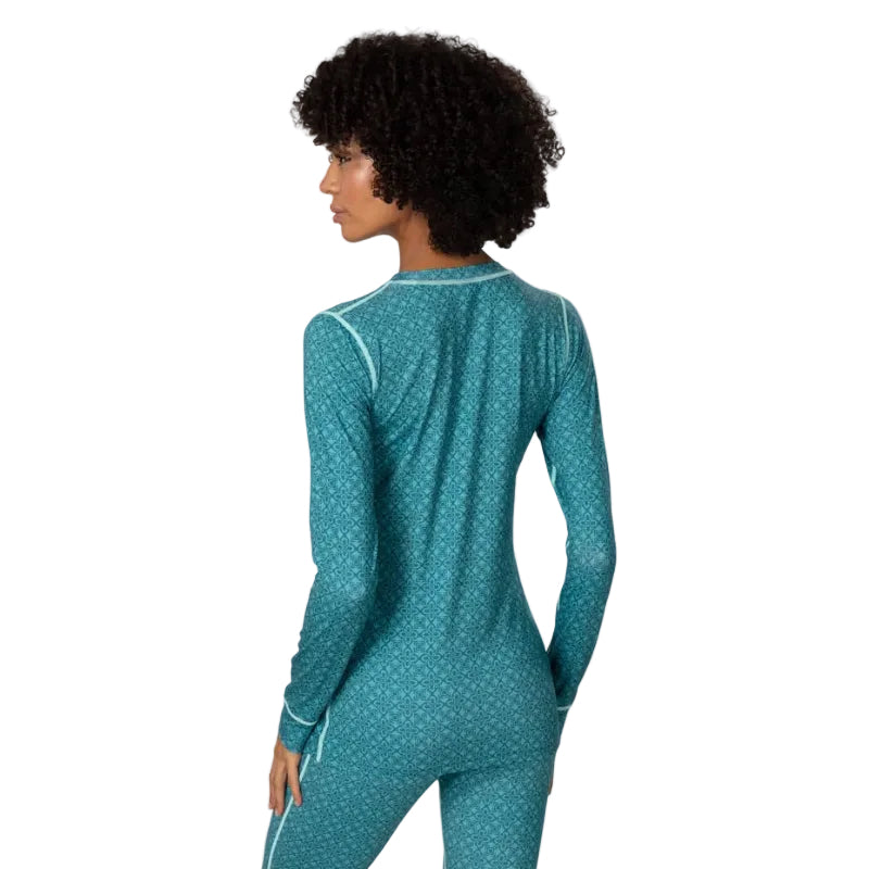 Kari Traa Women’s Fryd Long Sleeve Base Layer in Peacock back view with allover print and contrast seams