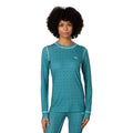 Kari Traa Women’s Fryd Long Sleeve Base Layer in Peacock front view with allover dot print and contrast seam detailing
