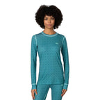 Kari Traa Women’s Fryd Long Sleeve Base Layer in Peacock front view with allover dot print and contrast seam detailing