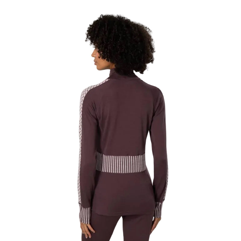 Kari Traa Women’s Ines Half Zip in Cocoa Powder back view with patterned sleeves and contrasting lower-back detail