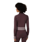 Kari Traa Women’s Ines Half Zip in Cocoa Powder back view with patterned sleeves and contrasting lower-back detail
