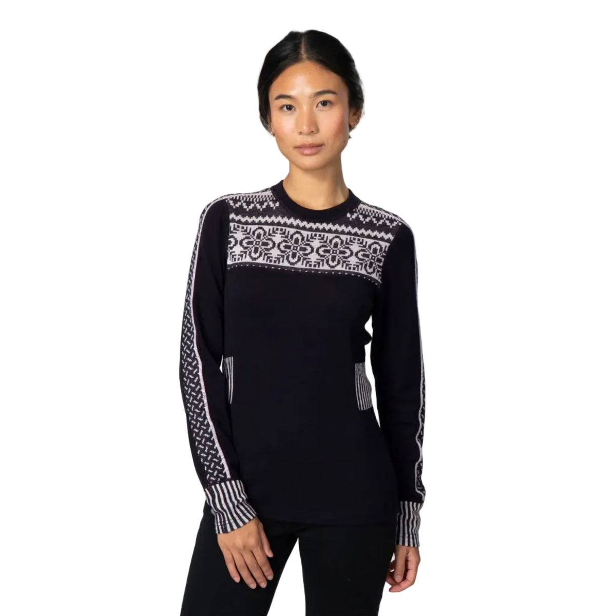 Kari Traa Women’s Ines Long Sleeve in Black front view with Scandinavian-inspired knit pattern