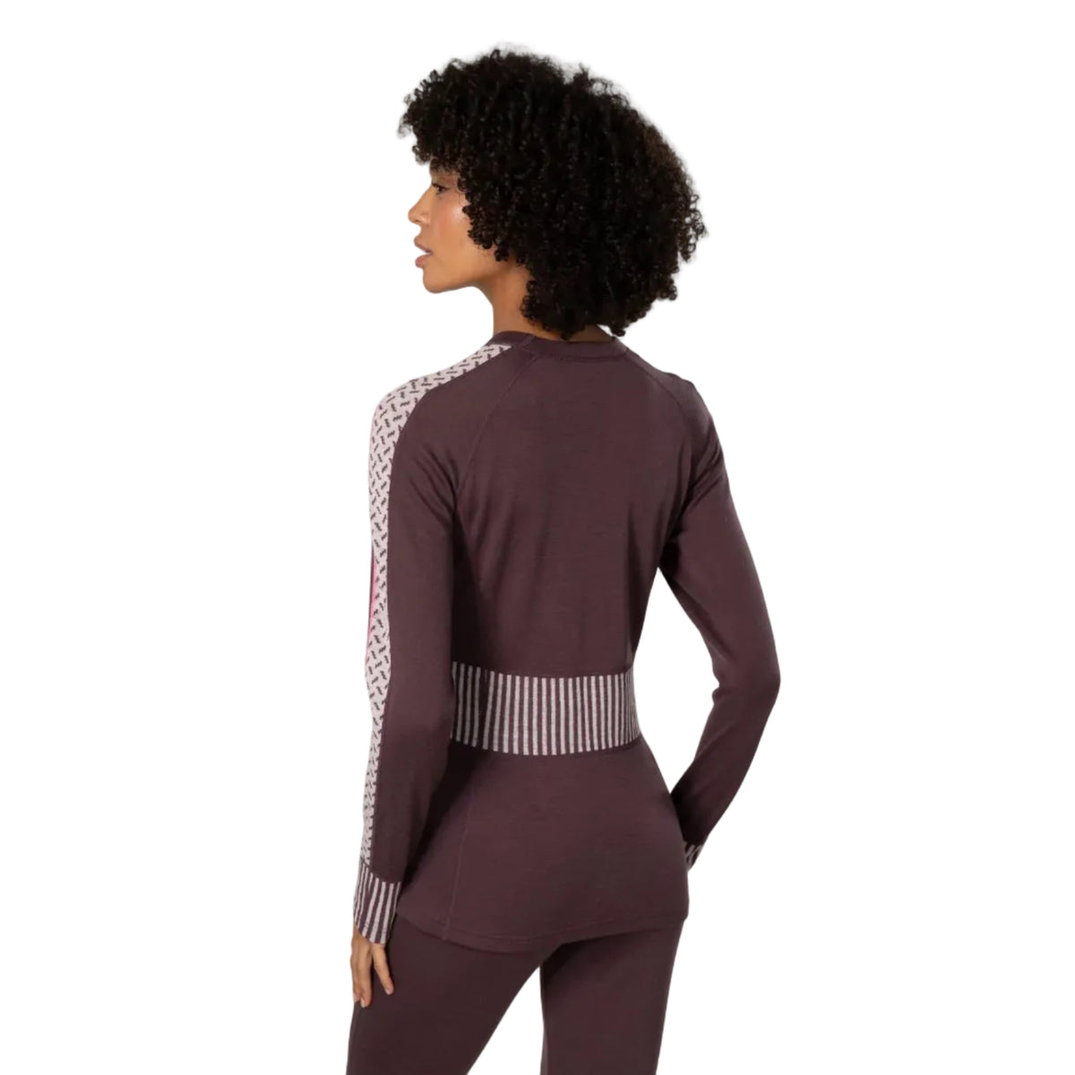 Kari Traa Women’s Ines Long Sleeve in Cocoa Powder back view with striped knit detail at the waist and cuffs