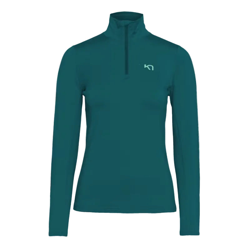 Kari Traa Women’s Lilja Half Zip in Peacock front view with graphic print and half-zip neckline
