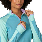 Kari Traa Women’s Mila Half Zip in Blue Lagoon detail view with high collar, cuff and half-zip neckline