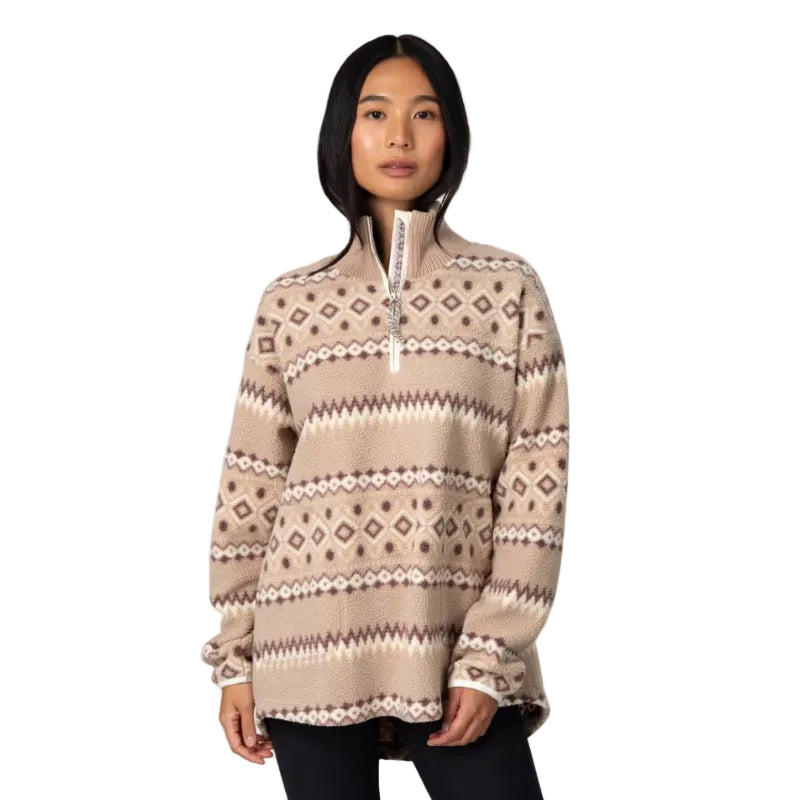 Kari Traa Women’s Ruthie Midlayer Half Zip in Mocha front view with striped Norway-inspired pattern and high collar