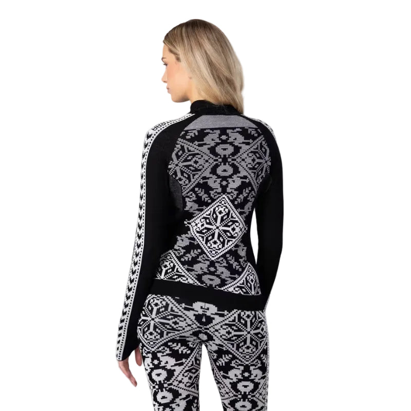 Kari Traa Women’s Saga Half Zip in Black back view showing the detailed Scandinavian-inspired knit pattern