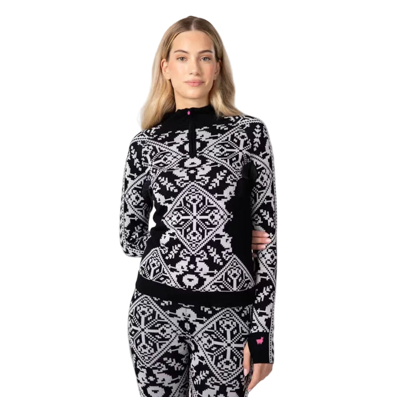 Kari Traa Women’s Saga Half Zip in Black front view with contrasting Scandinavian-inspired Nordic pattern