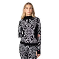 Kari Traa Women’s Saga Half Zip in Black front view with contrasting Scandinavian-inspired Nordic pattern
