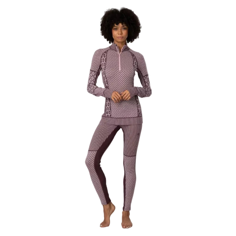 Kari Traa Women’s Smekker High Waist Base Layer Pants in Cocoa Powder front view with jacquard-knit pattern panels