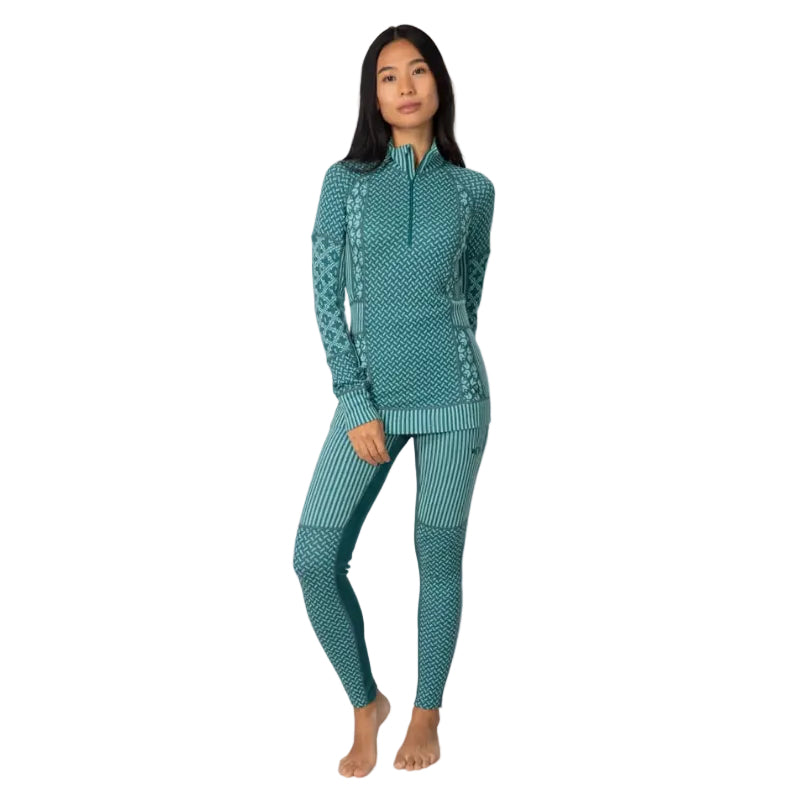 Kari Traa Women’s Smekker High Waist Base Layer Pants in Peacock front view with contrasting jacquard-knit patterns