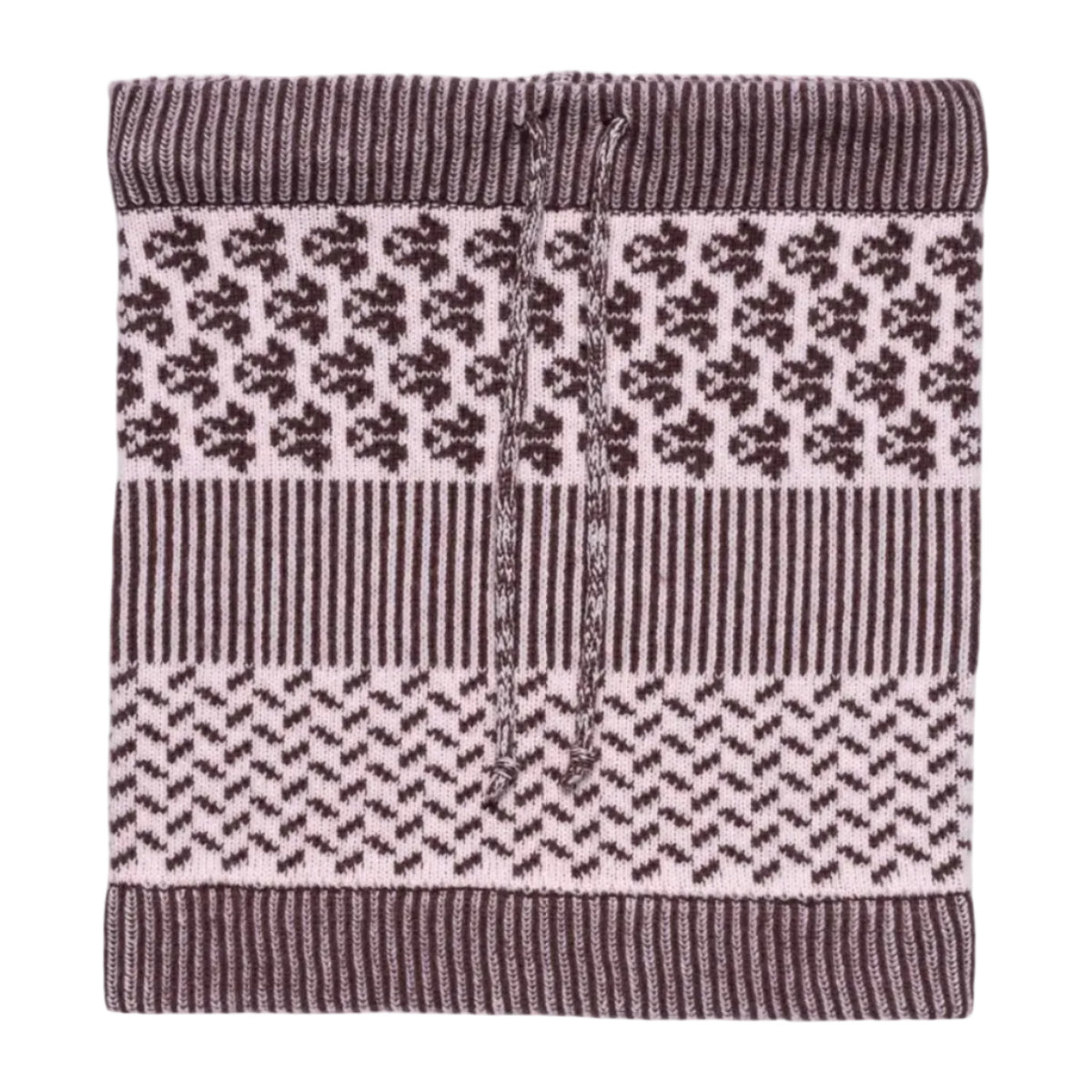Kari Traa Women’s Smekker Knit Tube in Cocoa Powder front view with Nordic-inspired jacquard pattern and drawcord