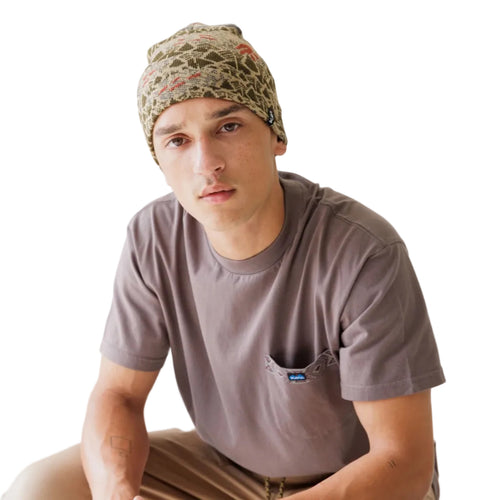 KAVU Benny Beanie in Sasquatch Sighting with allover jacquard knit design on model