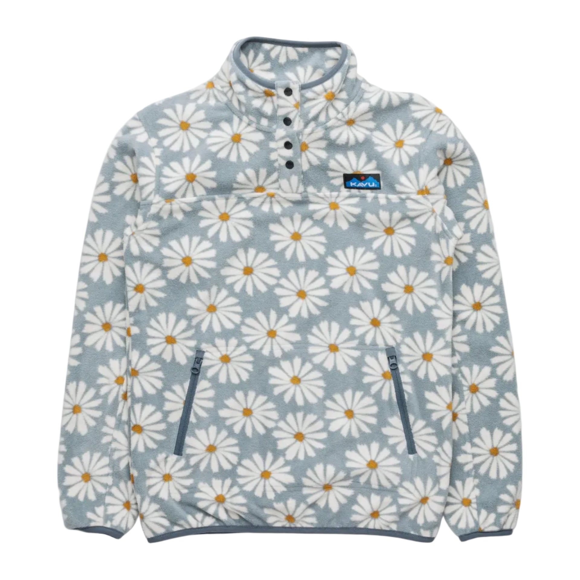 Women's KAVU Cavanaugh Pullover Fleece in Sky Daisy front view featuring a floral-inspired print and cozy fleece construction