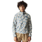 Full-body view of a woman wearing the KAVU Cavanaugh Pullover Fleece in Sky Daisy for outdoor adventures and everyday comfort