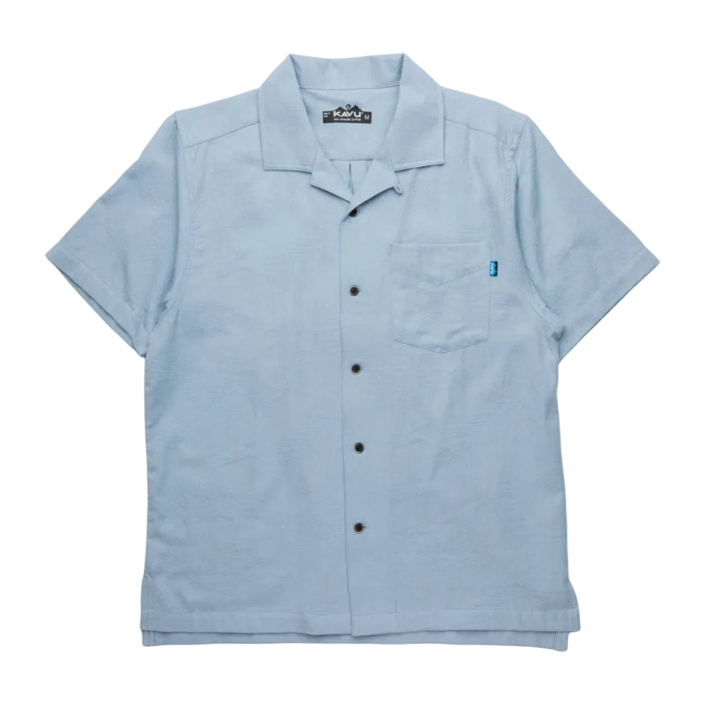 Men's KAVU Deckhouse Short Sleeve Shirt in Tropical Fog front view featuring organic cotton jacquard weave fabric and classic camp-shirt styling