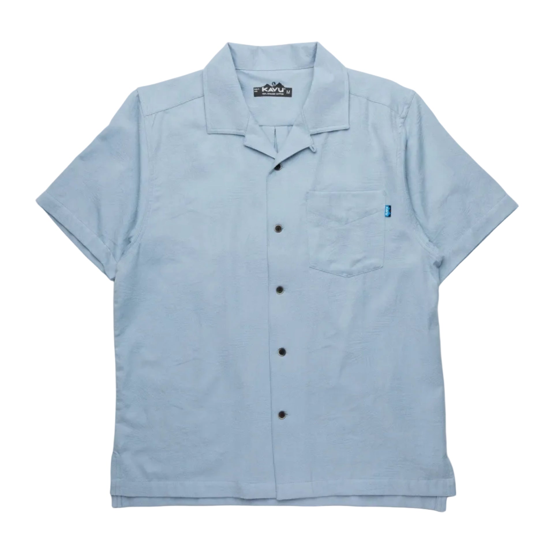Men's KAVU Deckhouse Short Sleeve Shirt in Tropical Fog front view featuring organic cotton jacquard weave fabric and classic camp-shirt styling