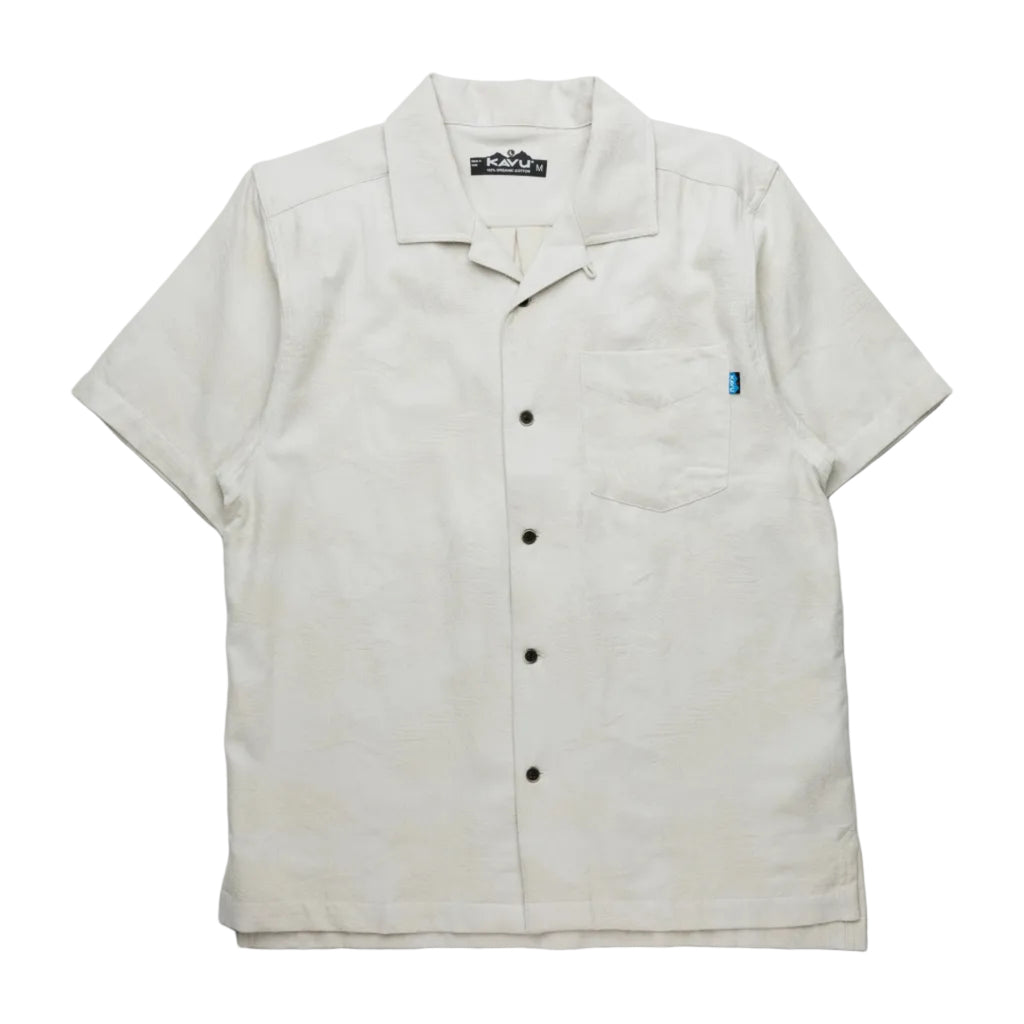 Men's KAVU Deckhouse Short Sleeve Shirt in Tropical Sands front view featuring organic cotton jacquard weave fabric and classic camp-shirt styling