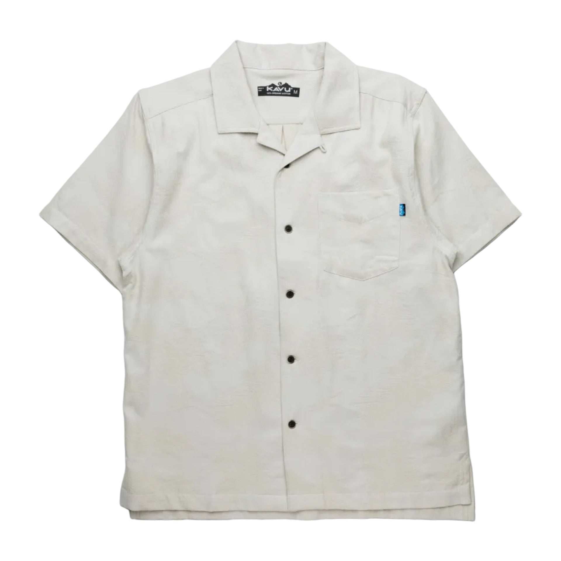 Men's KAVU Deckhouse Short Sleeve Shirt in Tropical Sands front view featuring organic cotton jacquard weave fabric and classic camp-shirt styling