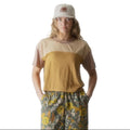 KAVU Eevi S/S Tee in Desert Wind featuring a relaxed cropped fit, color-blocked design, and crew neckline.