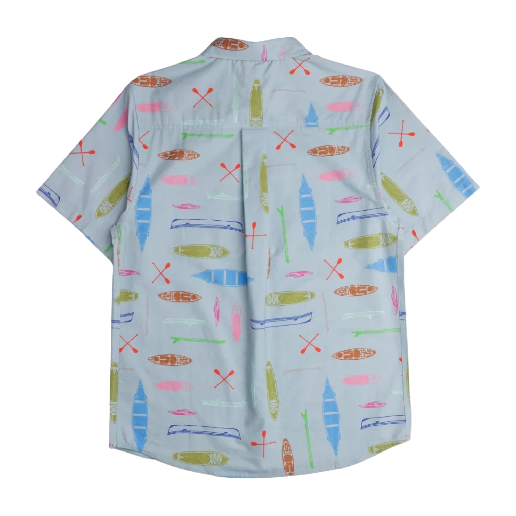Back view of the KAVU Festaruski S/S Shirt in Paddle By showing the colorful all-over print and relaxed fit