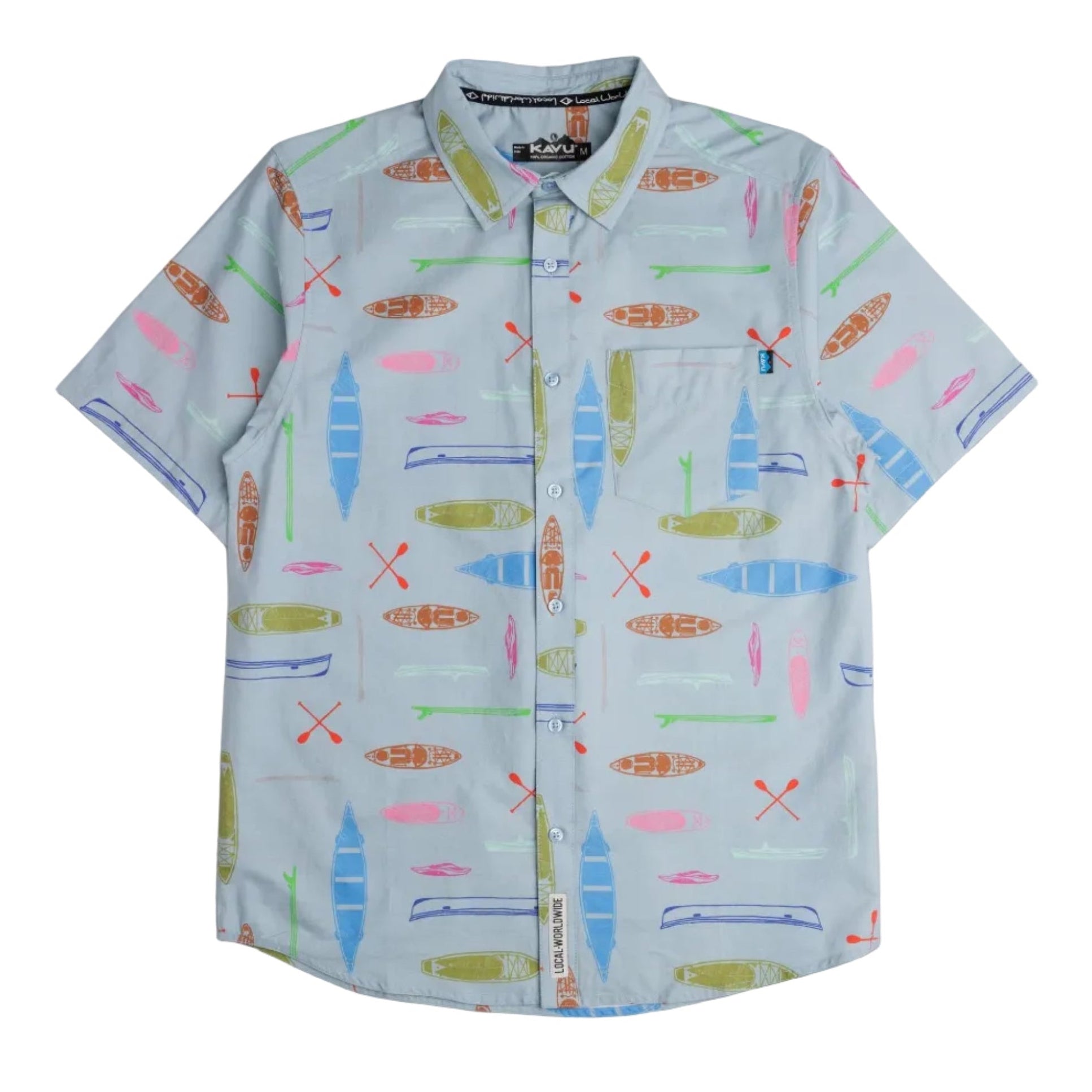 KAVU Festaruski S/S Shirt in Paddle By featuring an all-over paddle-inspired print and short sleeve button-up design