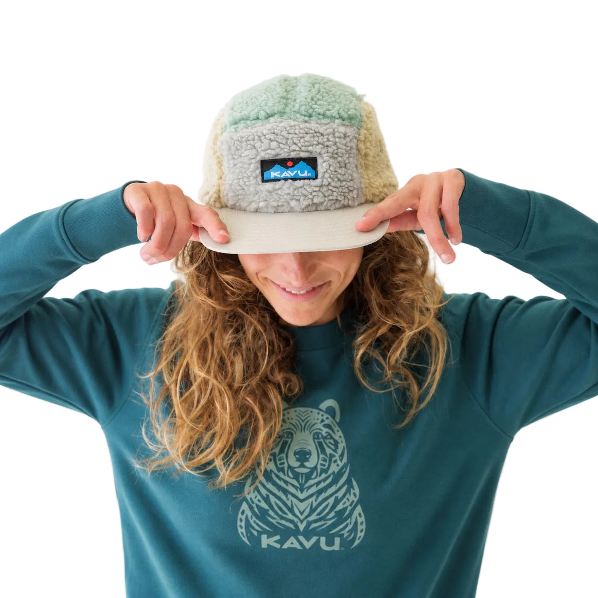  Model view of front panel and KAVU logo on Fur Ball Camp Hat in Mindful Meadow