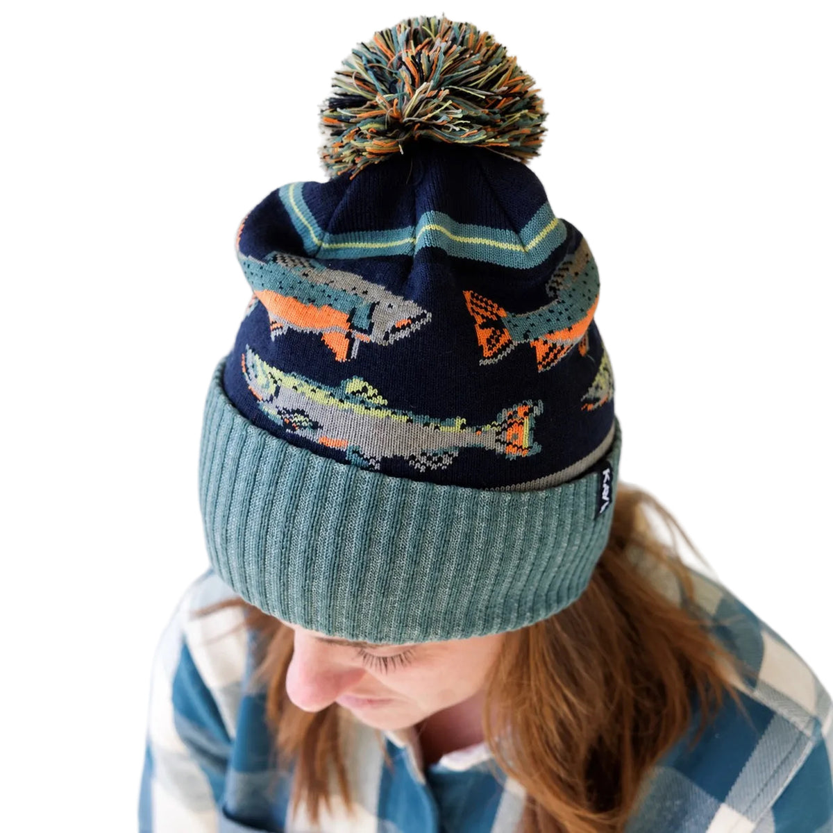 KAVU Herschel Beanie on model showing closeup of style and pom
