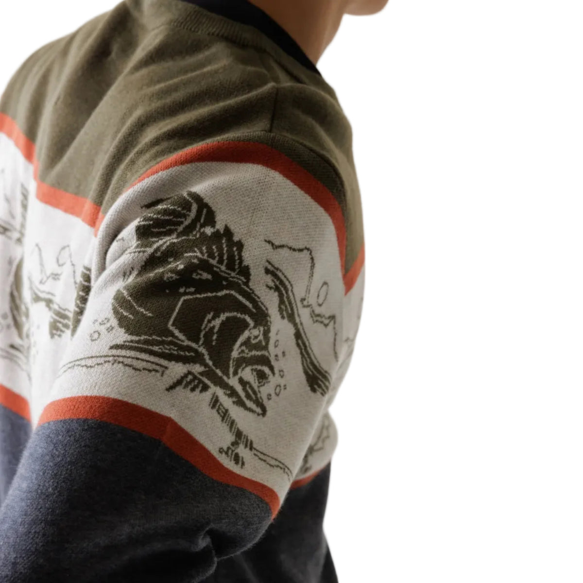 Back view of KAVU Men's Highline Sweater in Trout Lake jacquard knit