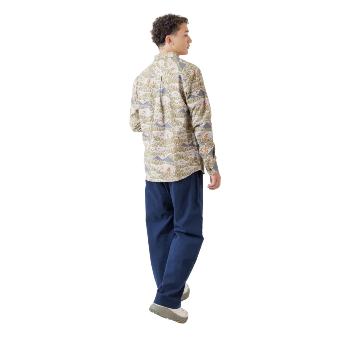 Back view of KAVU Men's LS Juan Shirt in Snow Pack showing printed chambray and curved hem